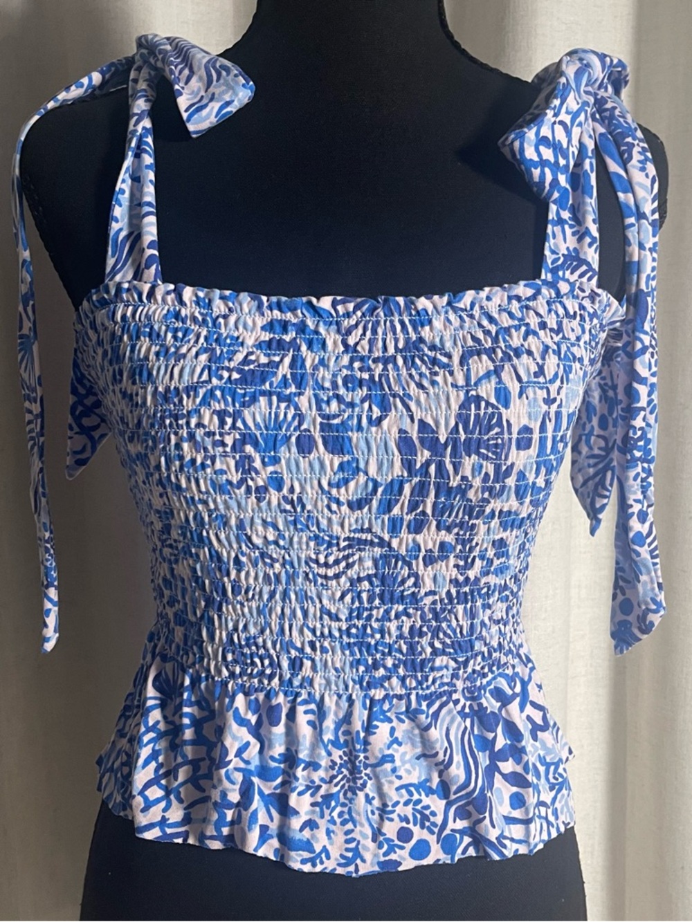 Lilly Pulitzer Smocked  Tie-Shoulder Blue Floral Women's Top